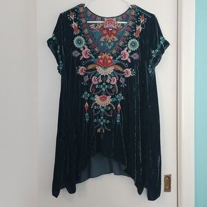 Johnny Was Blue velvet like embroidered top size L